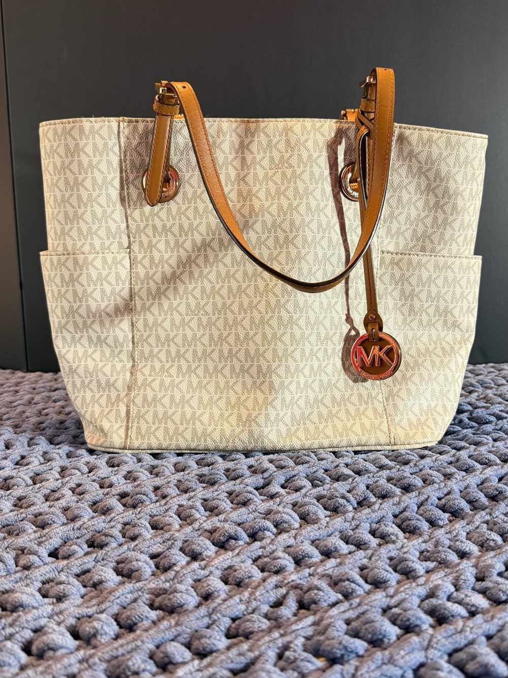Michael Kors Cream Logo Tote with Tan Leather Accents
